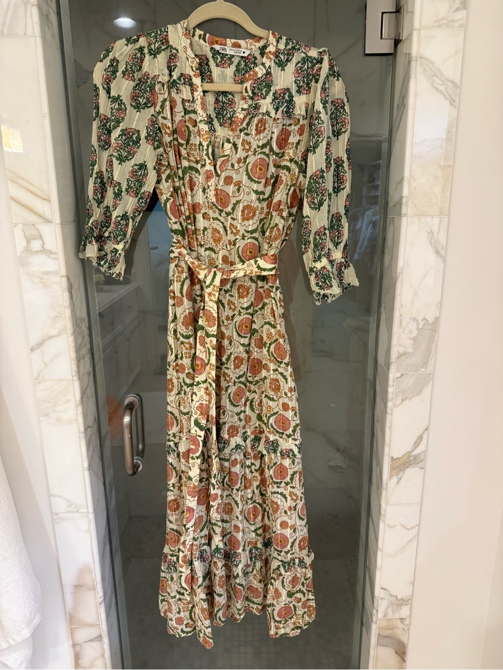 Zara Floral Tiered Maxi Dress in Cream and Green with Swiss dots